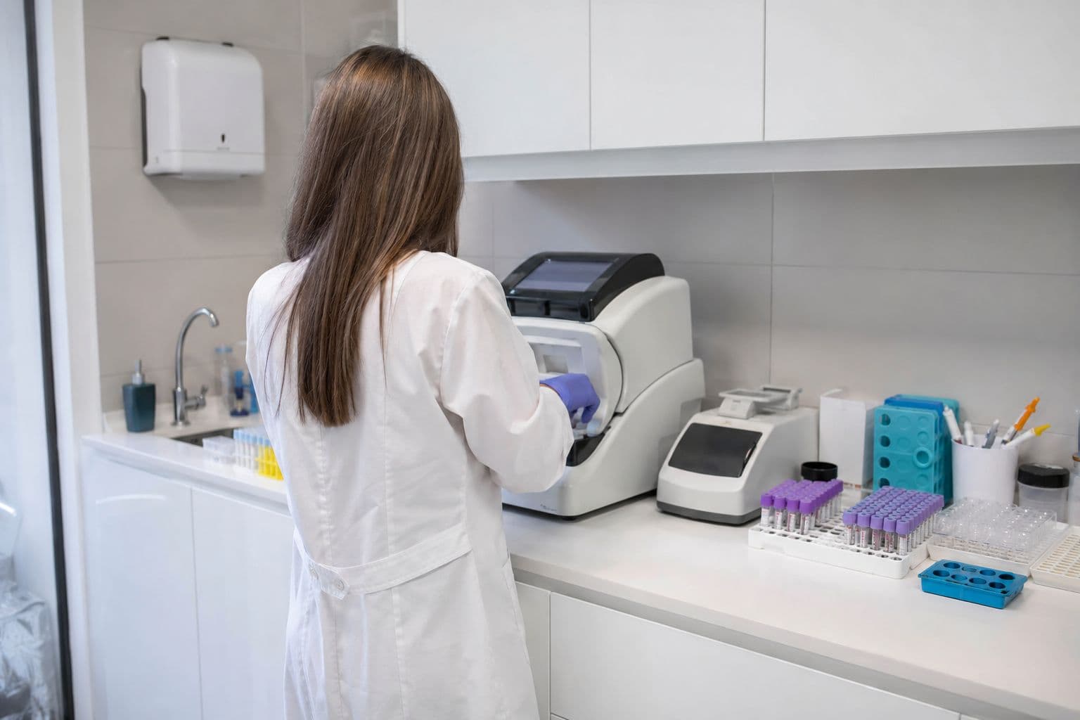 Laboratorio de análisis clínicos con una profesional de guardapolvo cargando muestras en un analizador, y gradillas con tubos sobre la mesada